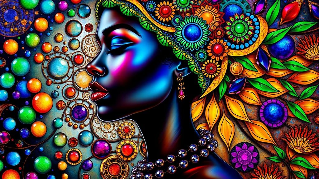 Vibrant Dark-Skinned Goddess in Opulent, Abstract Portrait