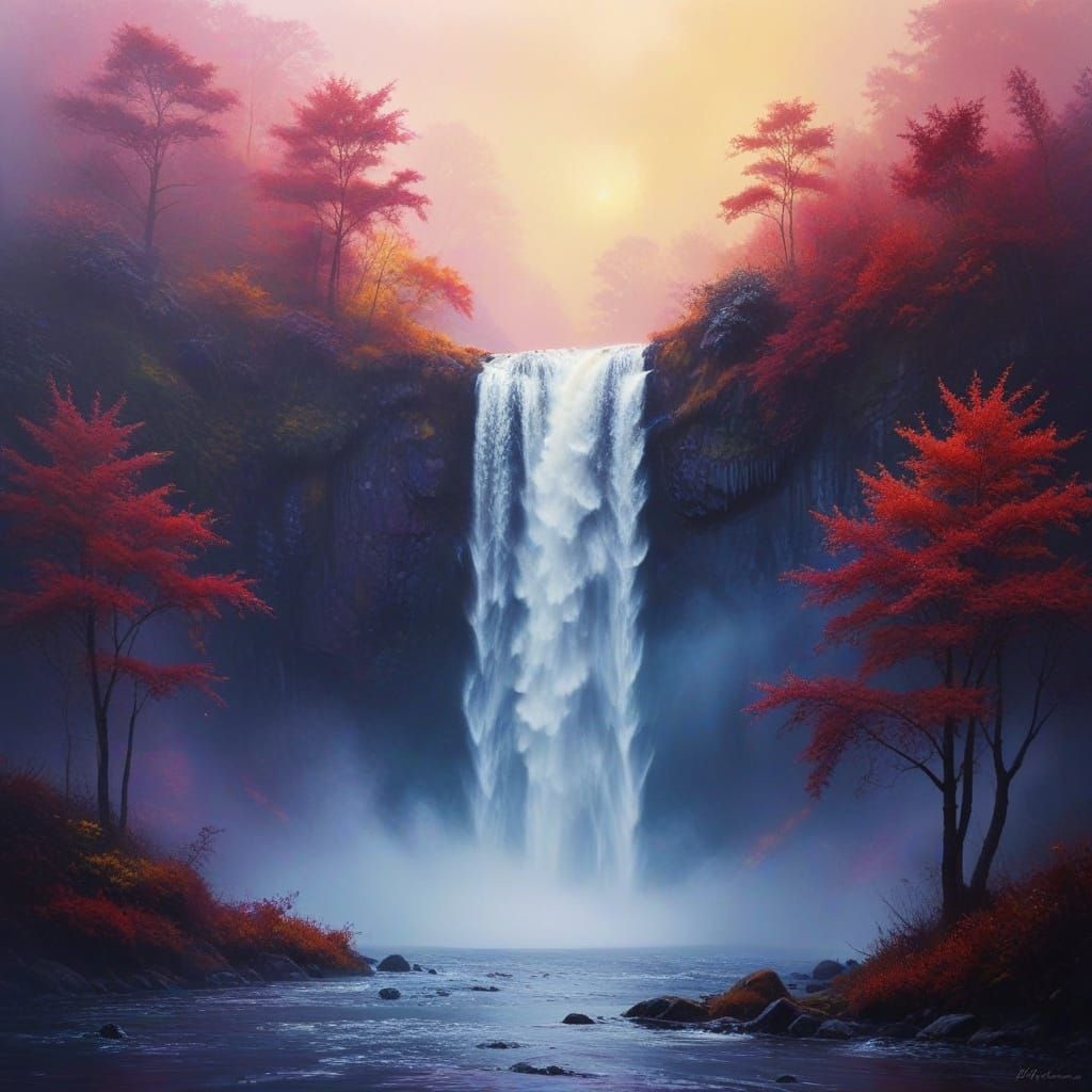 Vibrant Misty Waterfall Scene