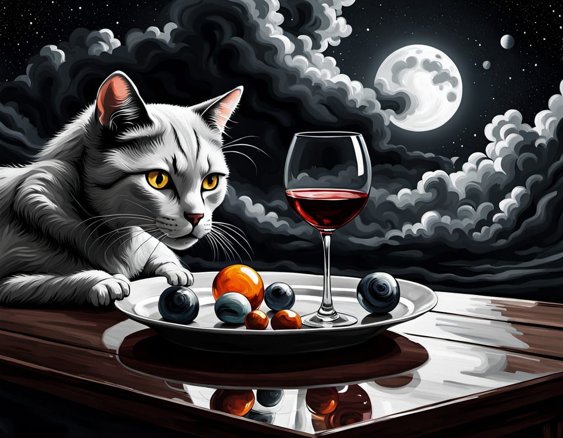 Surreal Scene with Robotic Hand and Cat