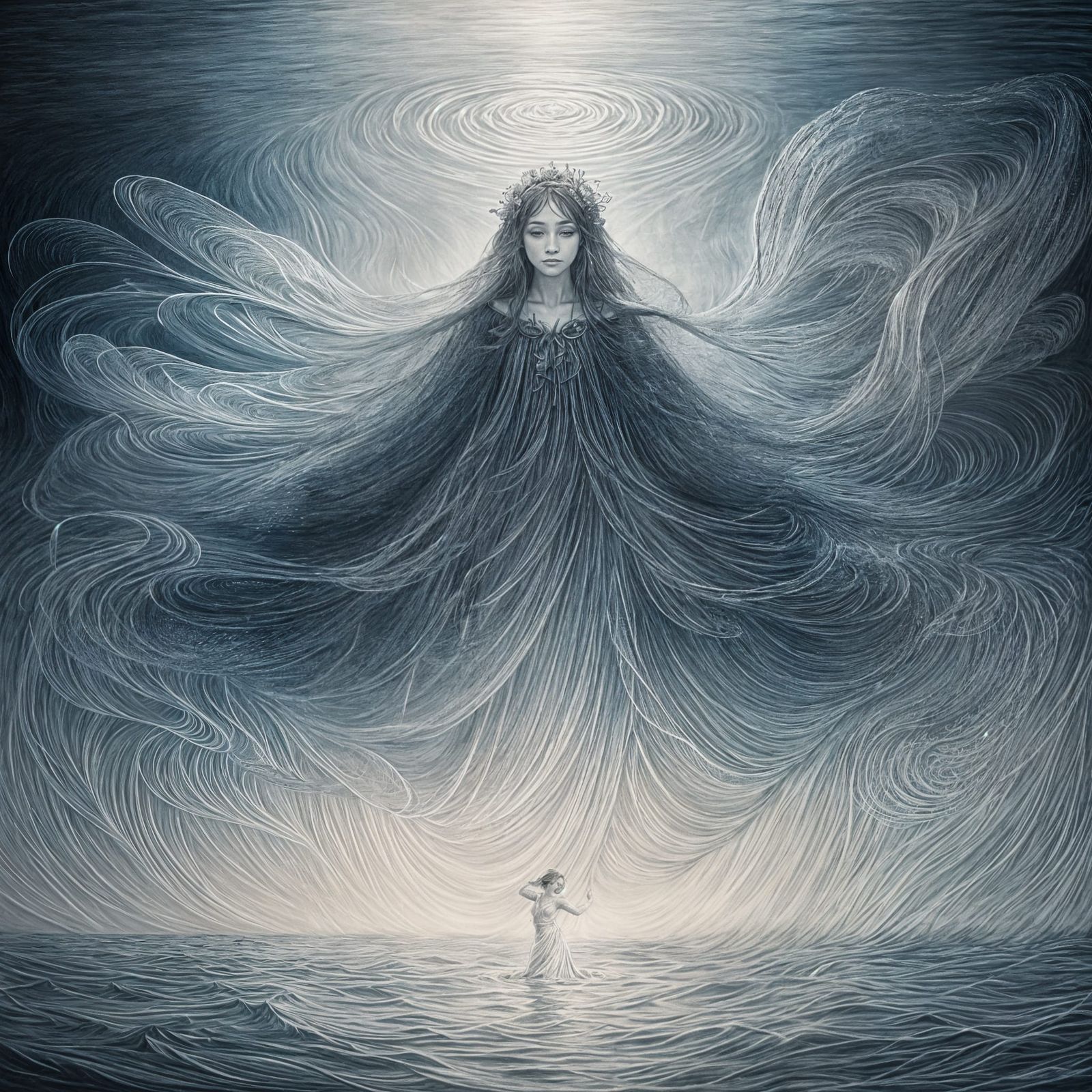 Whimsical Water Dance in Hyperdetailed Charcoal