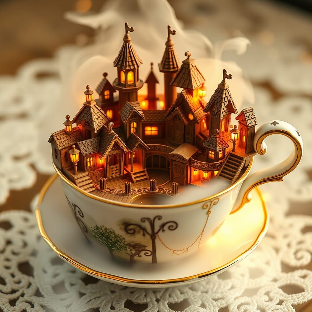 Miniature Wooden Town in Teacup, Luminist Style