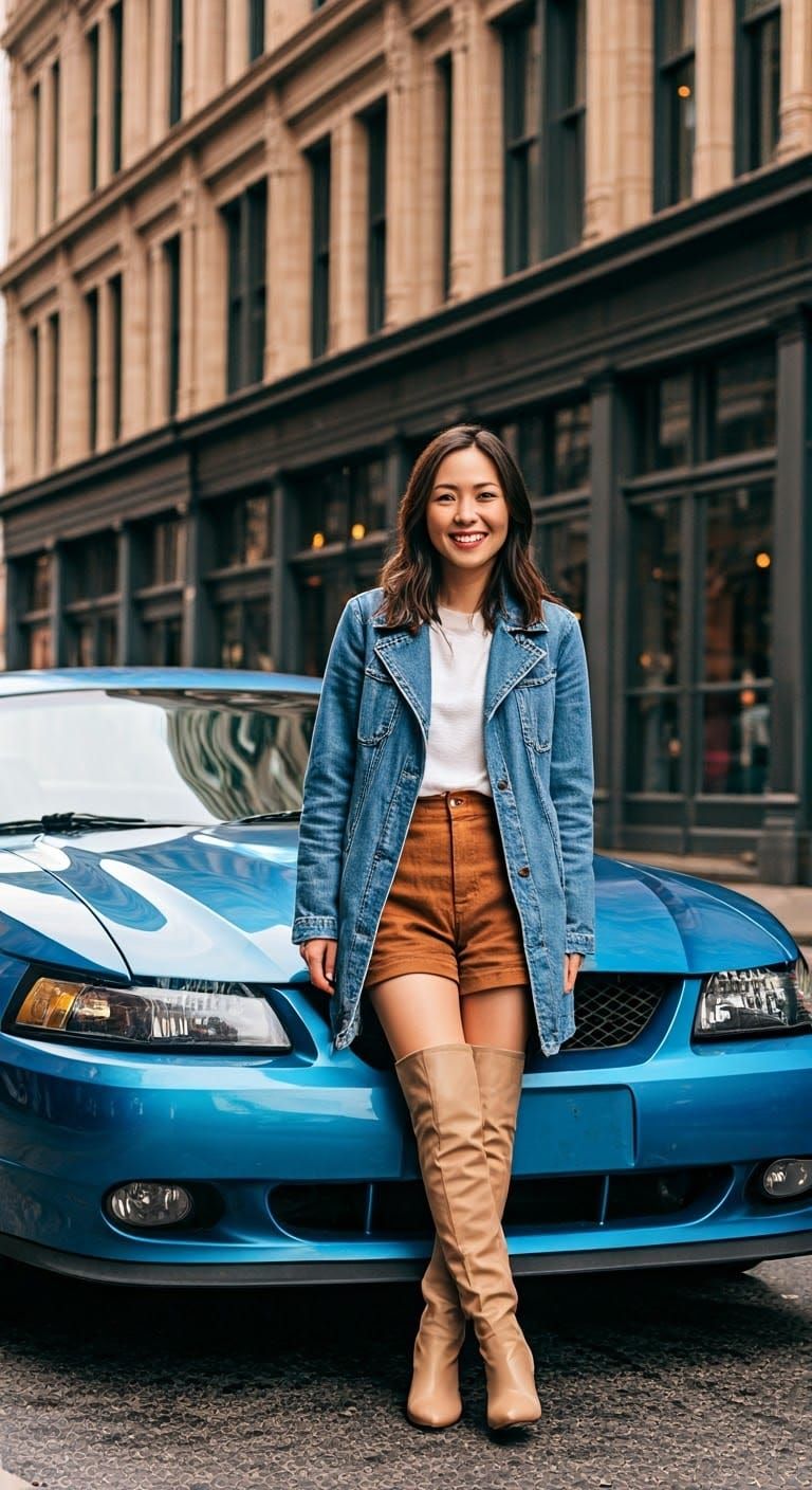 Chinese-American woman in casual wear and thigh-high boots