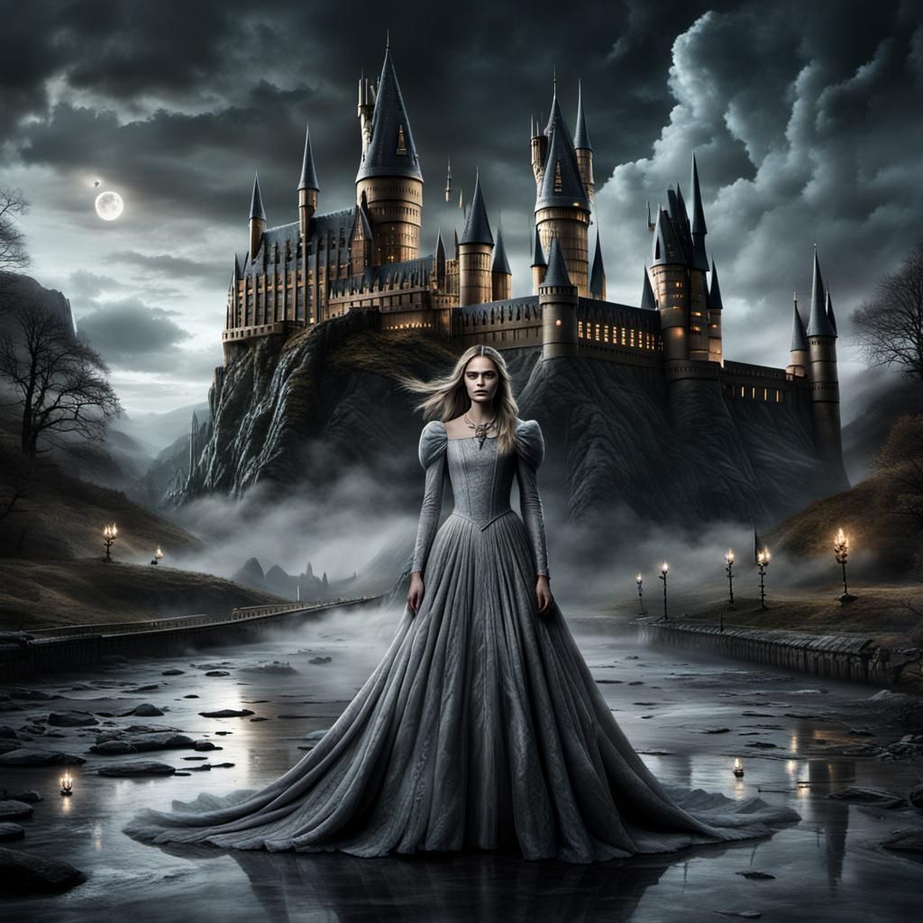 Ghostly Woman in Grey Dress Before Hogwarts Castle