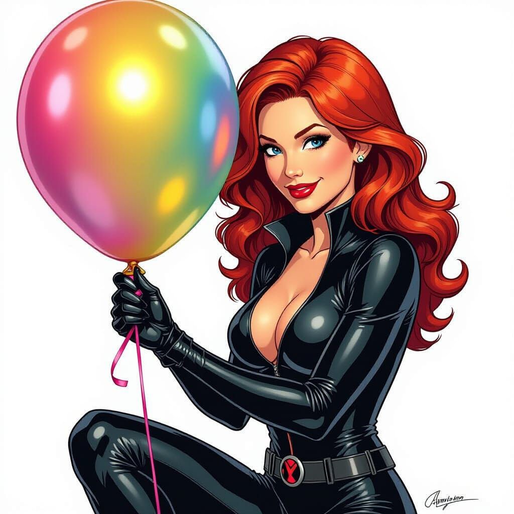 Black Widow Cuddling Birthday Balloon in Comic Style