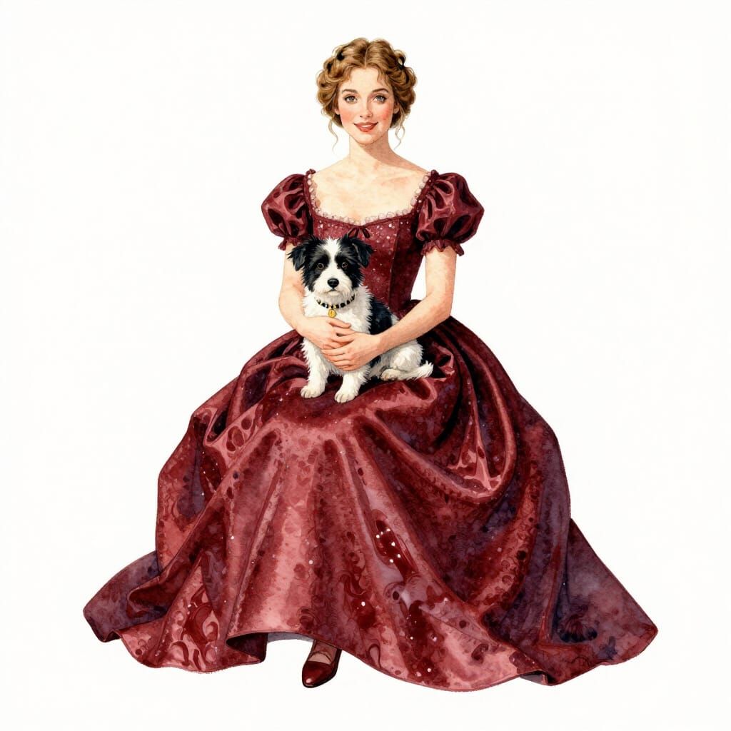Elegant Woman in Burgundy Gown with Dog, Watercolor Style