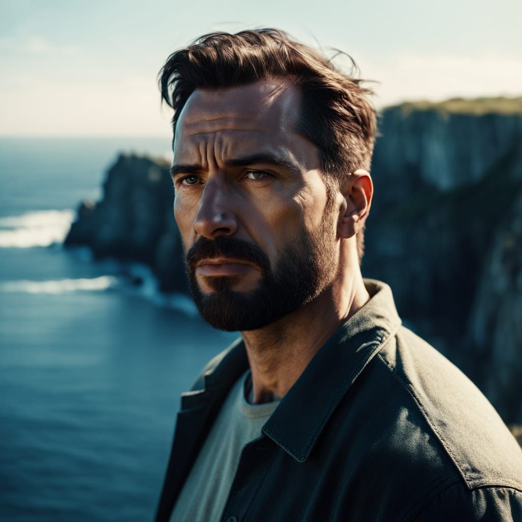 Cinematic Man Overlooking Calm Sea