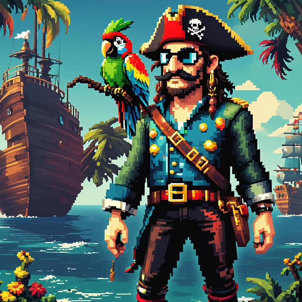 Pixelated Pirate Captain in Retro 8-Bit Style