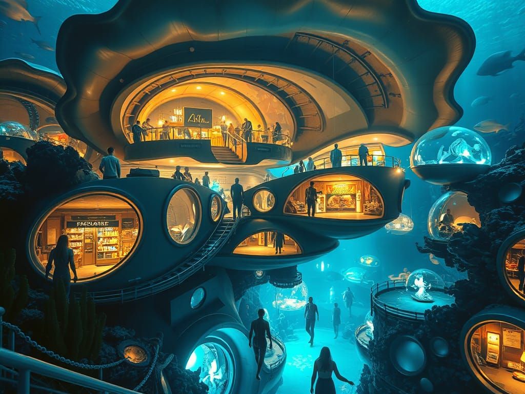 Bustling Underwater City in Oil Painting Style