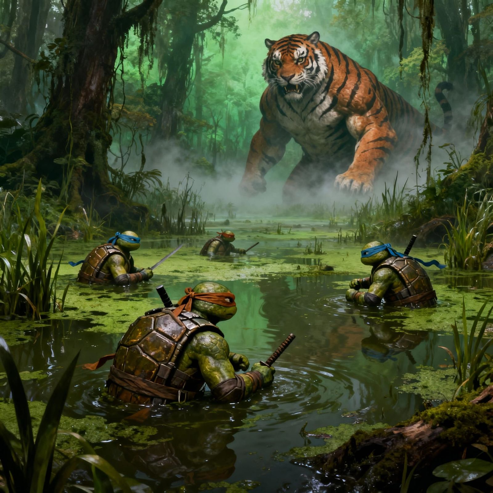Mutant Ninja Turtles and Giant Tiger Over Swampy Earth