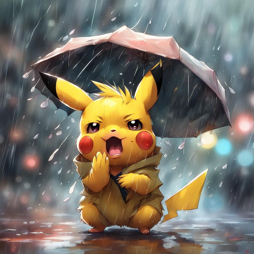 Cute Chibi Pikachu Sneezing in the Rain