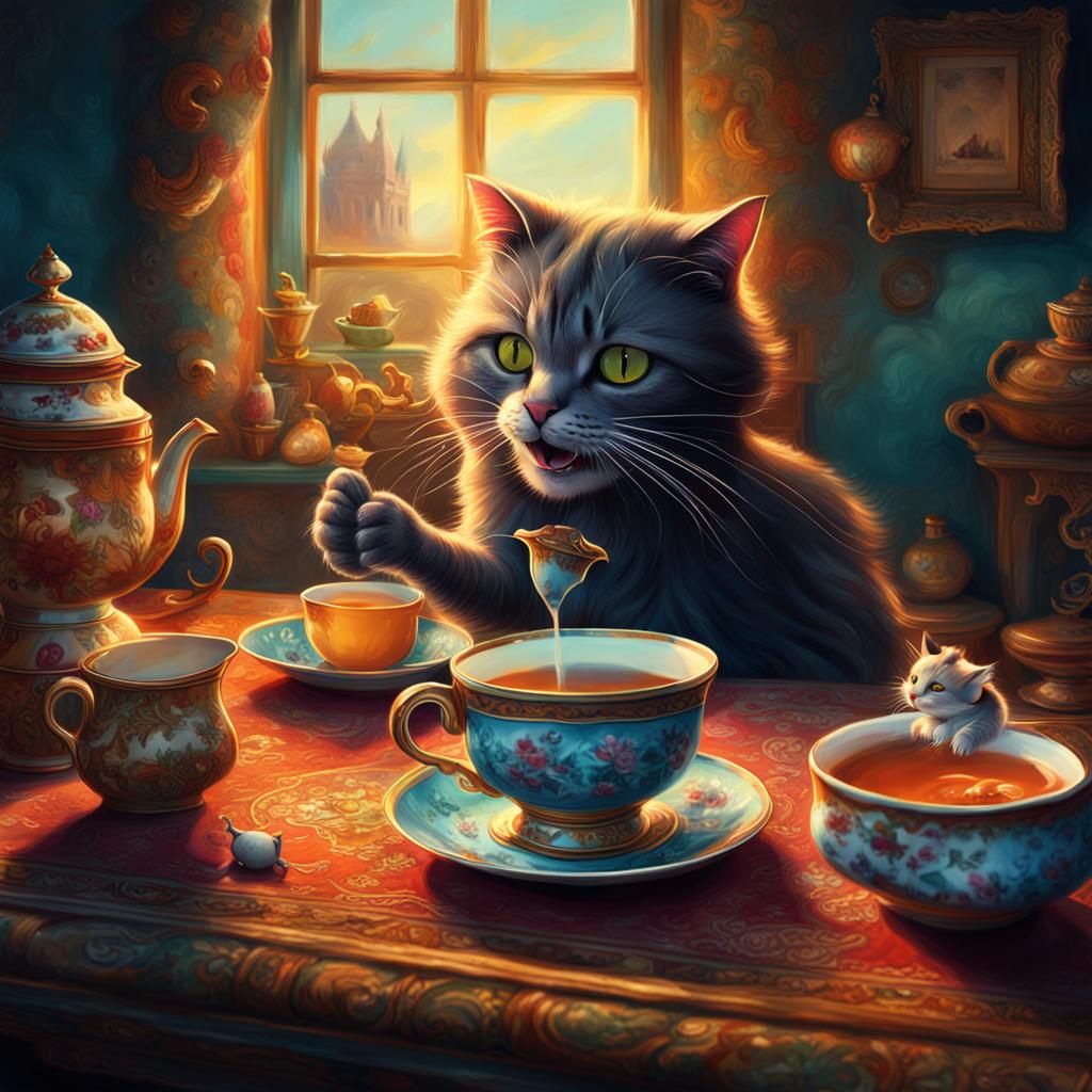 Cat and Mouse Tea Party: Vibrant Digital Painting