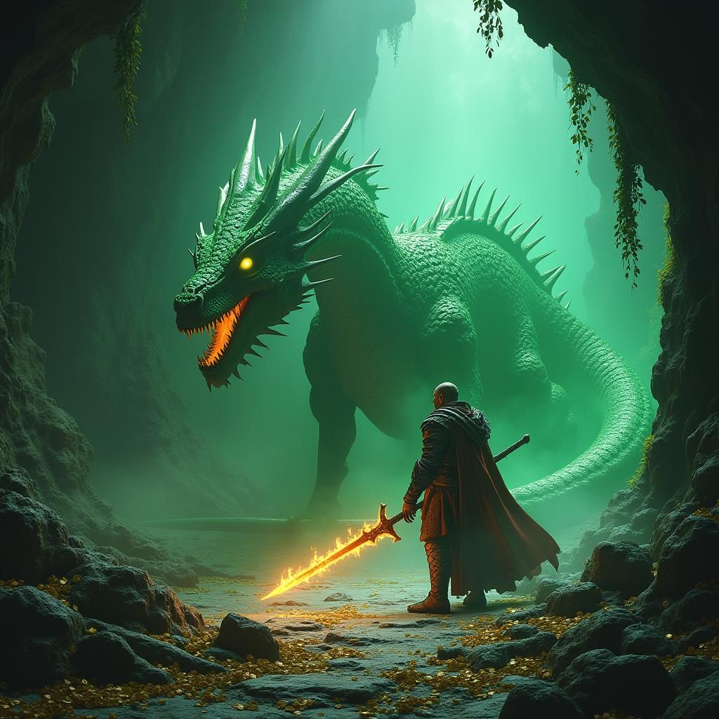 Earth Dragon in Mystical Cave with Green Aura