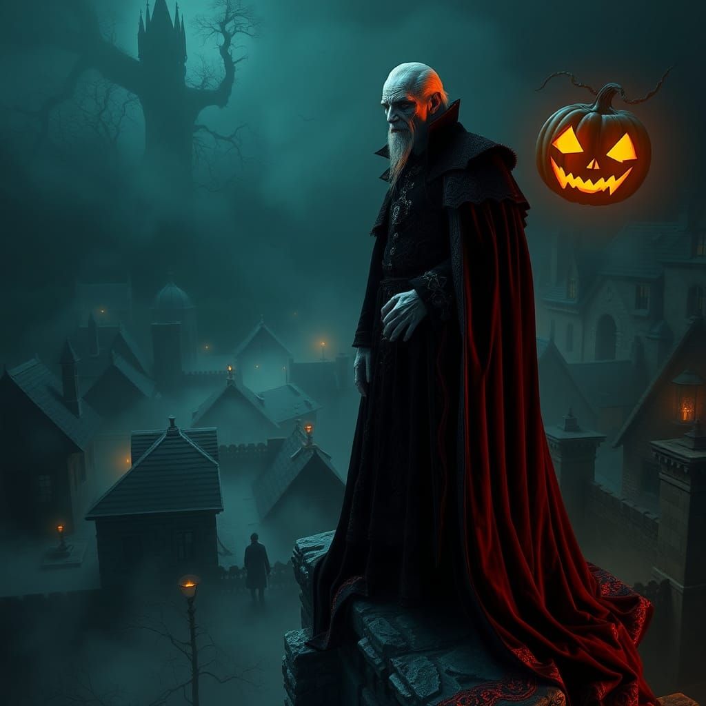 Regal Vampire Oversees Forsaken Town in Digital Painting