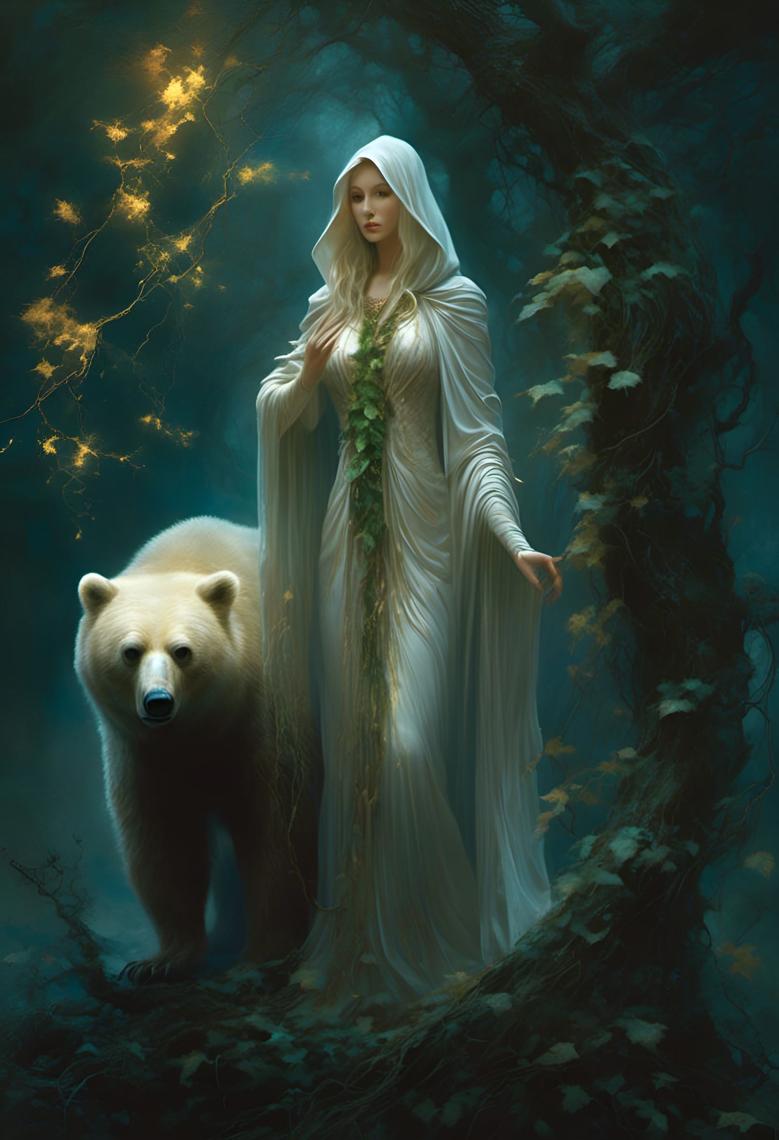 Druidic Witch with Spirit Bear in Dark Forest