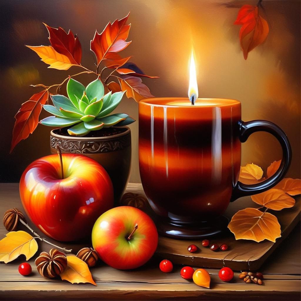 Autumn Still Life: Rustic Table with Warm Candlelight