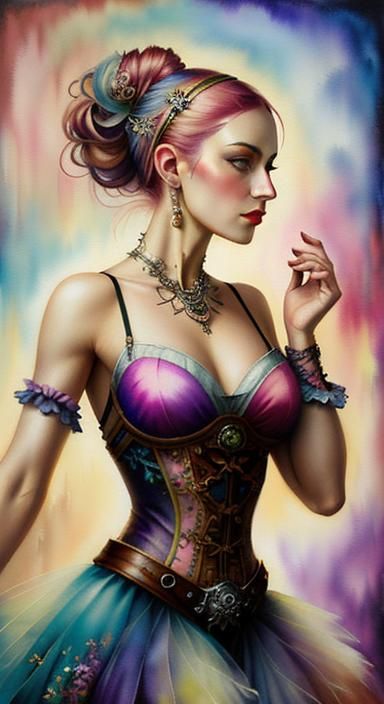 Steampunk Ballerina in Pastel Watercolor Style