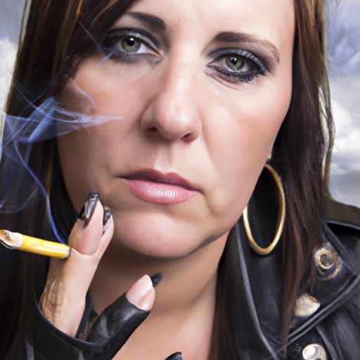 Hyperdetailed Woman Smoking Cigarette in Leather Outfit