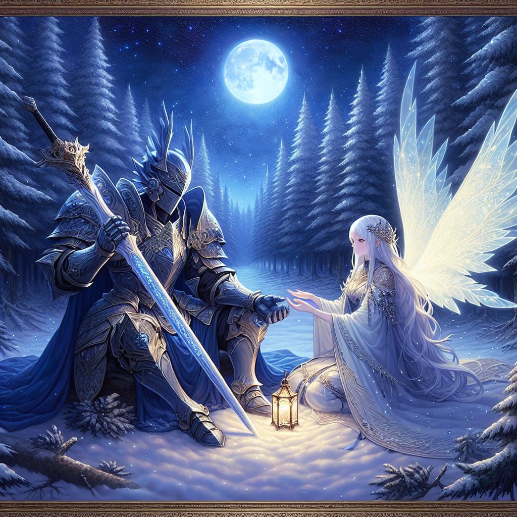 Moonlit Winter Forest Encounter in Anime Style