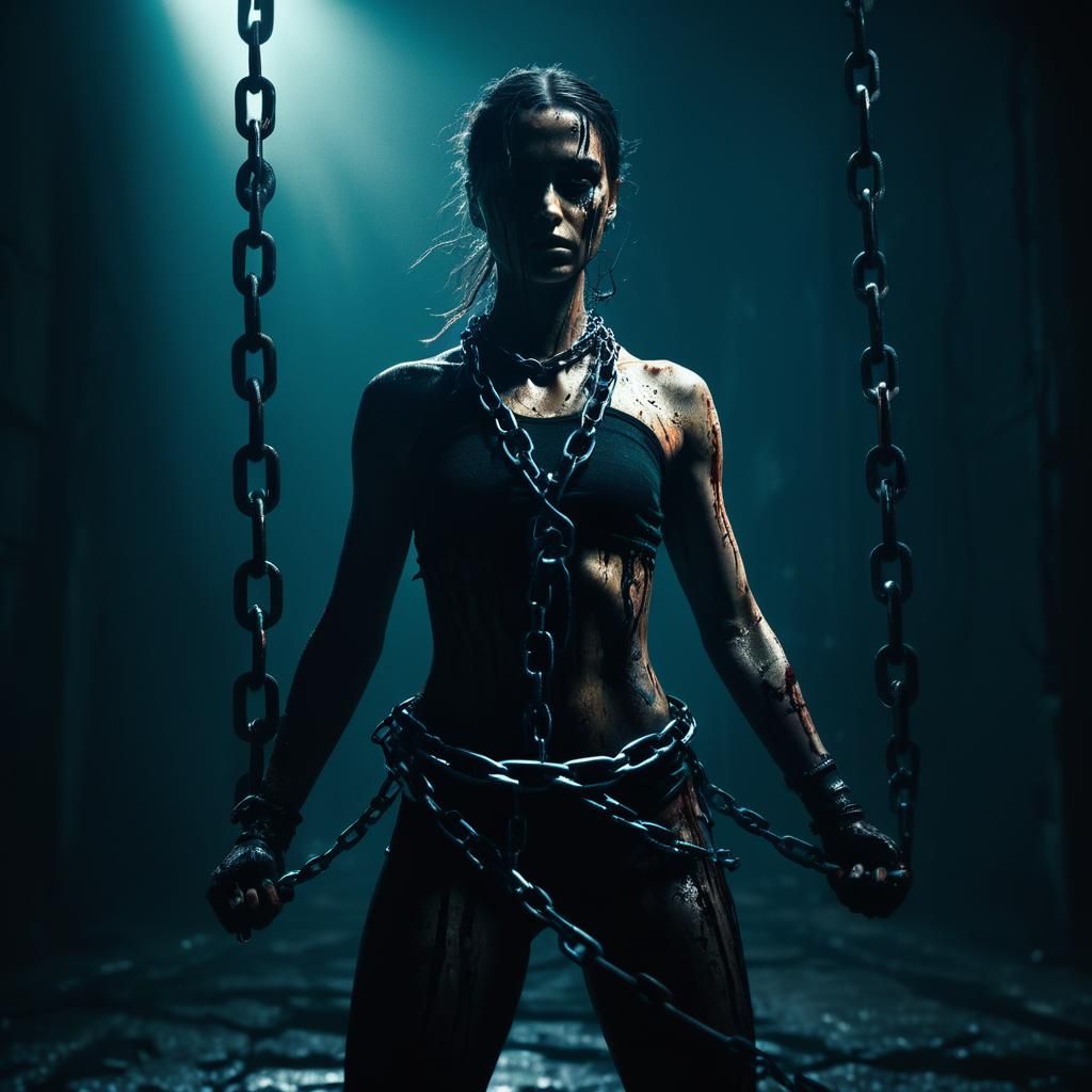 Defiant Woman Breaking Chains in Surreal Dark Fantasy