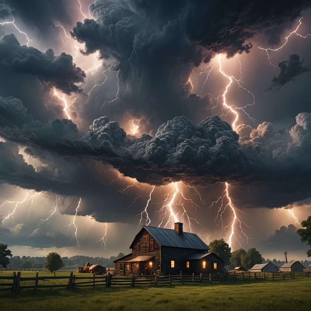 Dramatic Lightning Over Farm in Klimt-Inspired Style