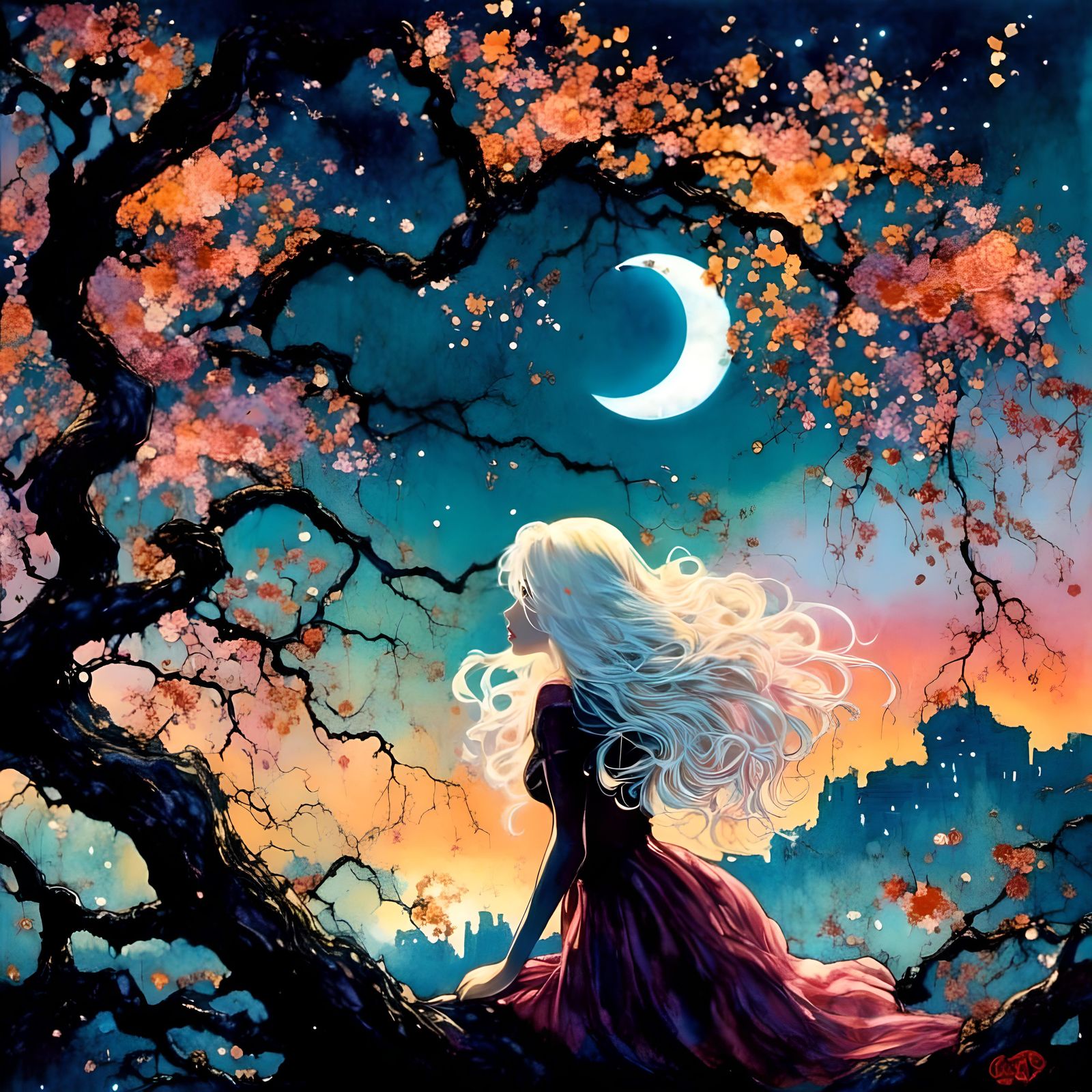 Elegant Vampire Woman in Colorful Cityscape