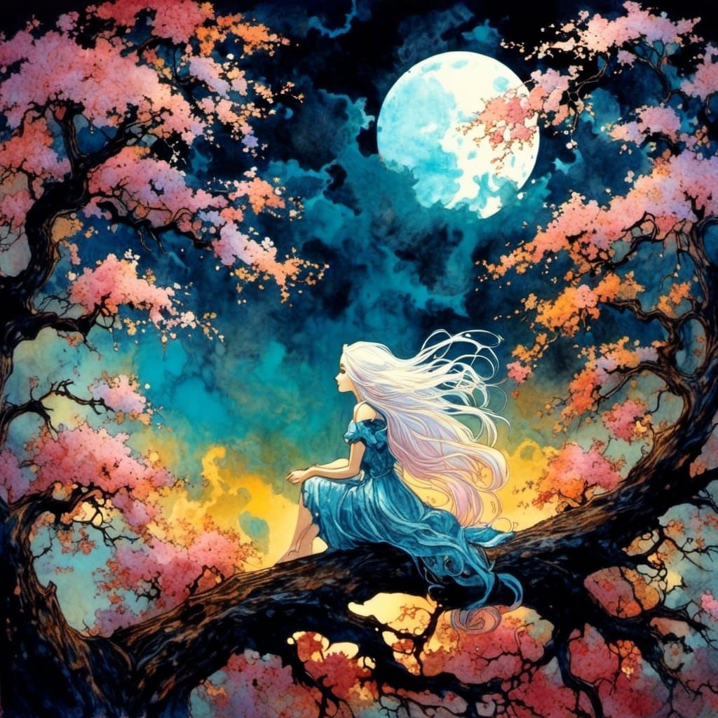 Elegant Vampire Woman on Giant Tree in Anime Realism