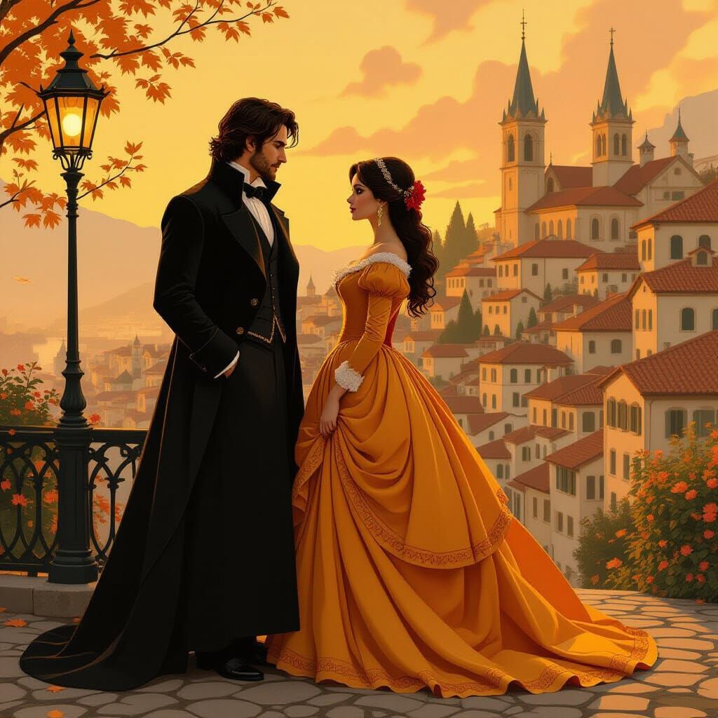 19th Century Couple in Golden Town, Romantic Longing