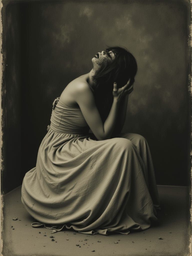 Anguished Woman in Tattered Gown, Surreal Expressionist Styl...