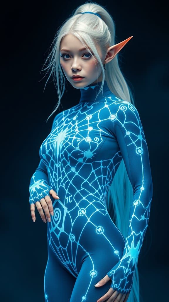 Regal Elf in Azure Spiderweb Bodysuit