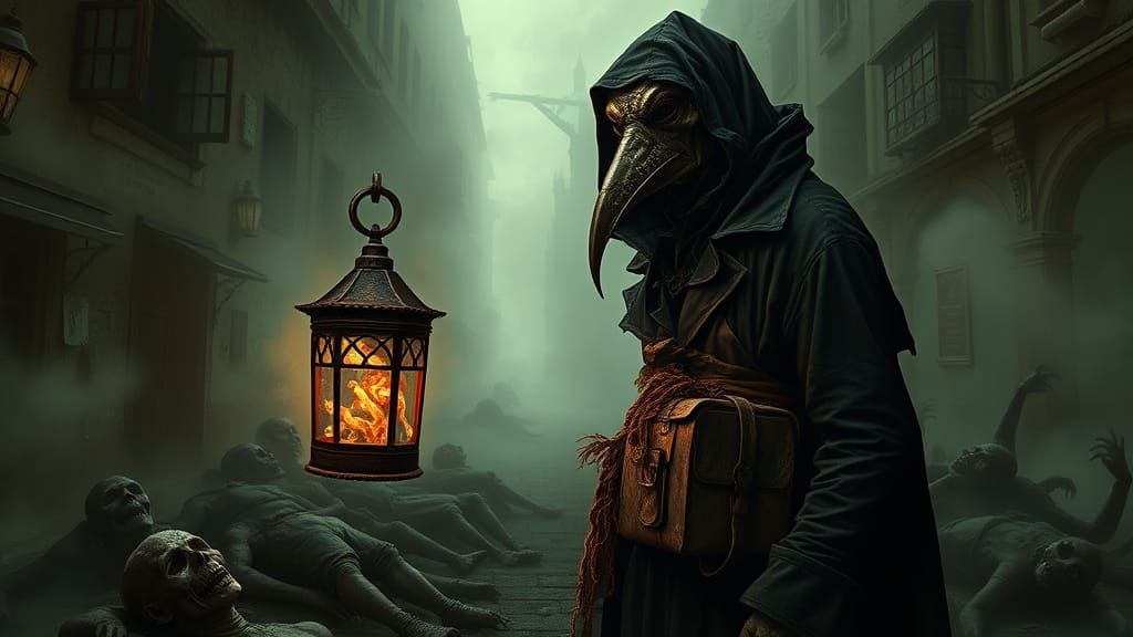 Plague Doctor in Decaying City: Gothic Horror