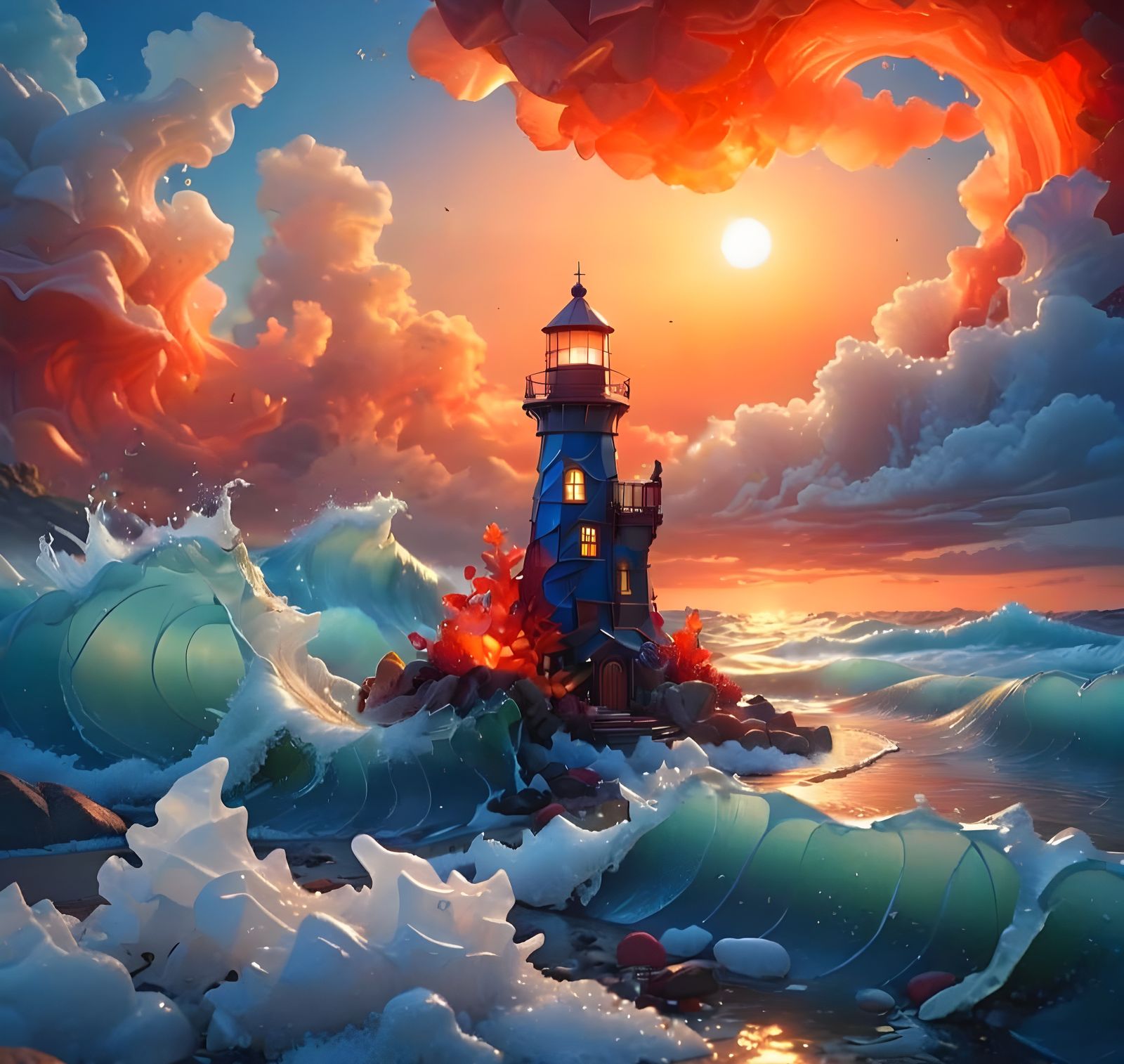 Sea Glass Lighthouse Sculpture: Vivid Blues and Reds