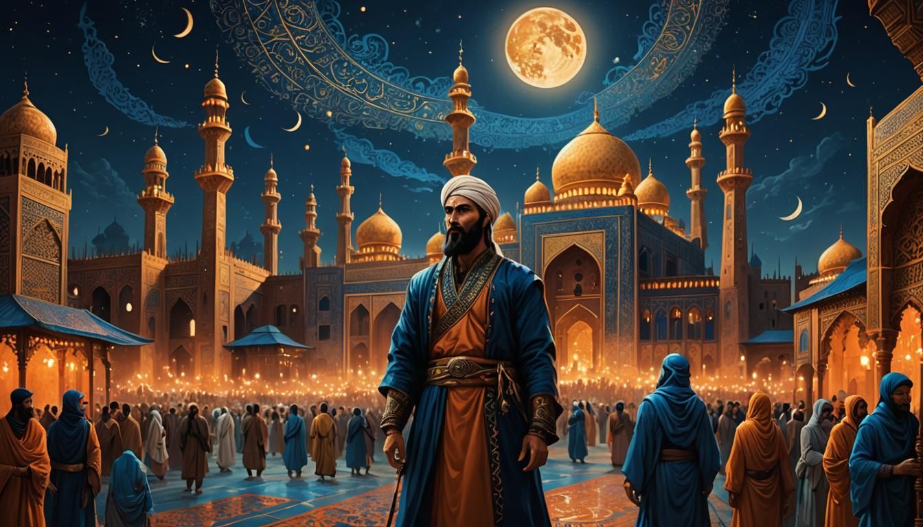 Radiant Fantasy Art of Hazrat Umar in Moonlit Scene