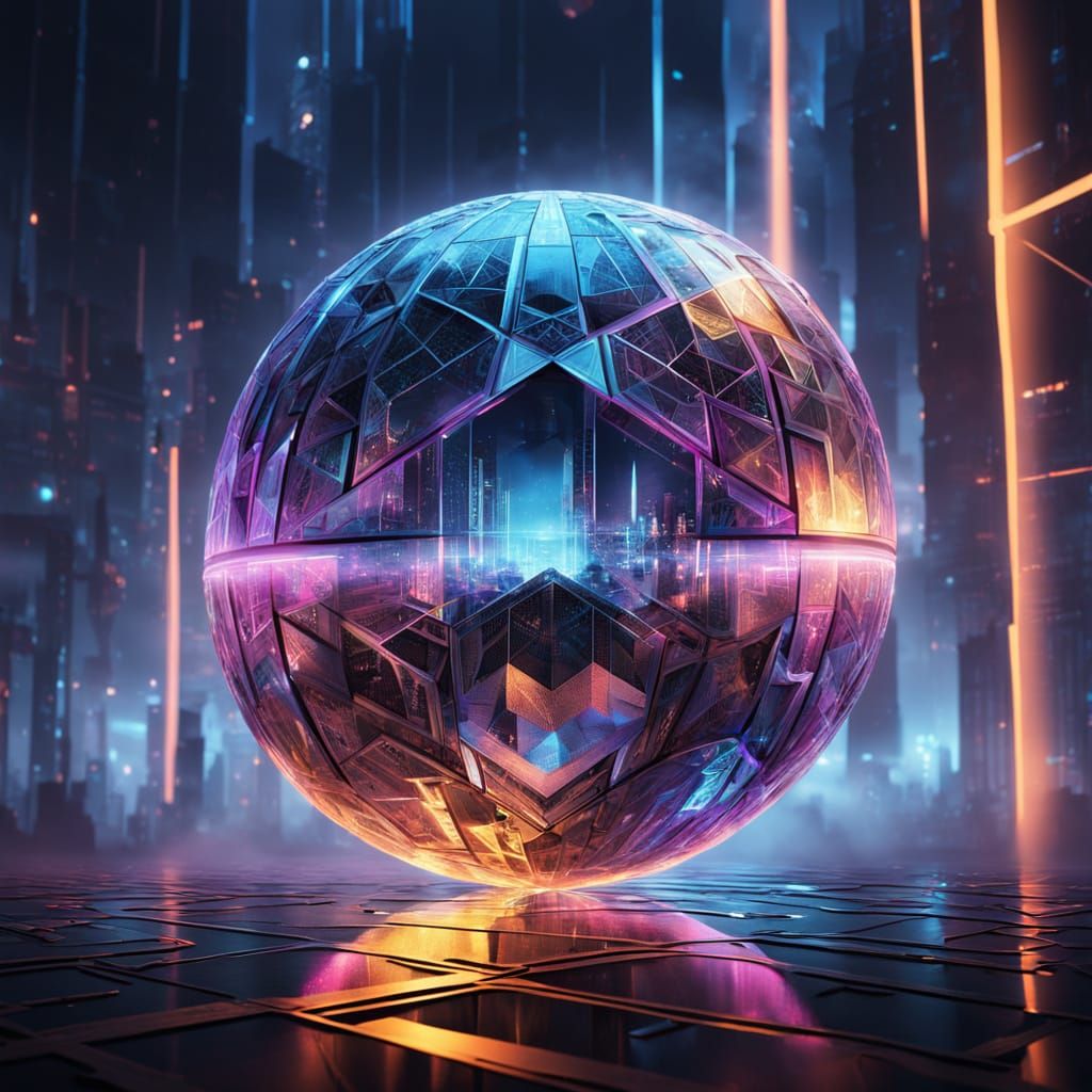 Cyberpunk Metallic Orb in Neon Haze