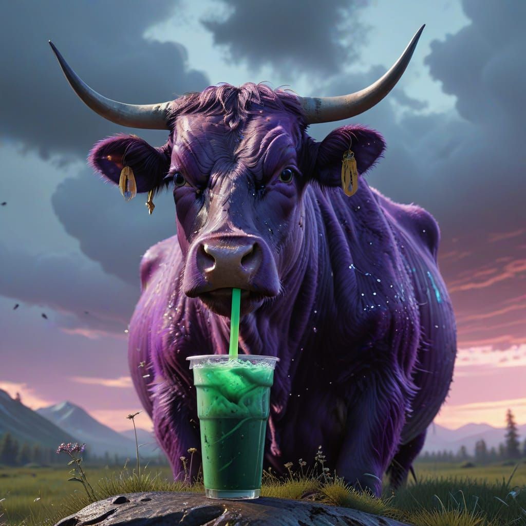 Majestic Purple Cow in Dreamlike Landscape
