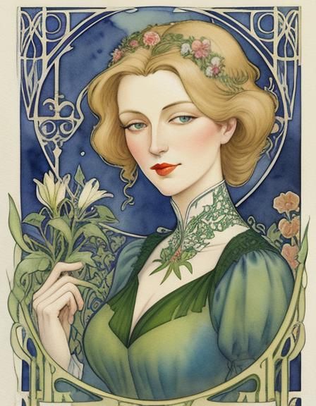 Art Nouveau Gardener Portrait in Watercolor Style