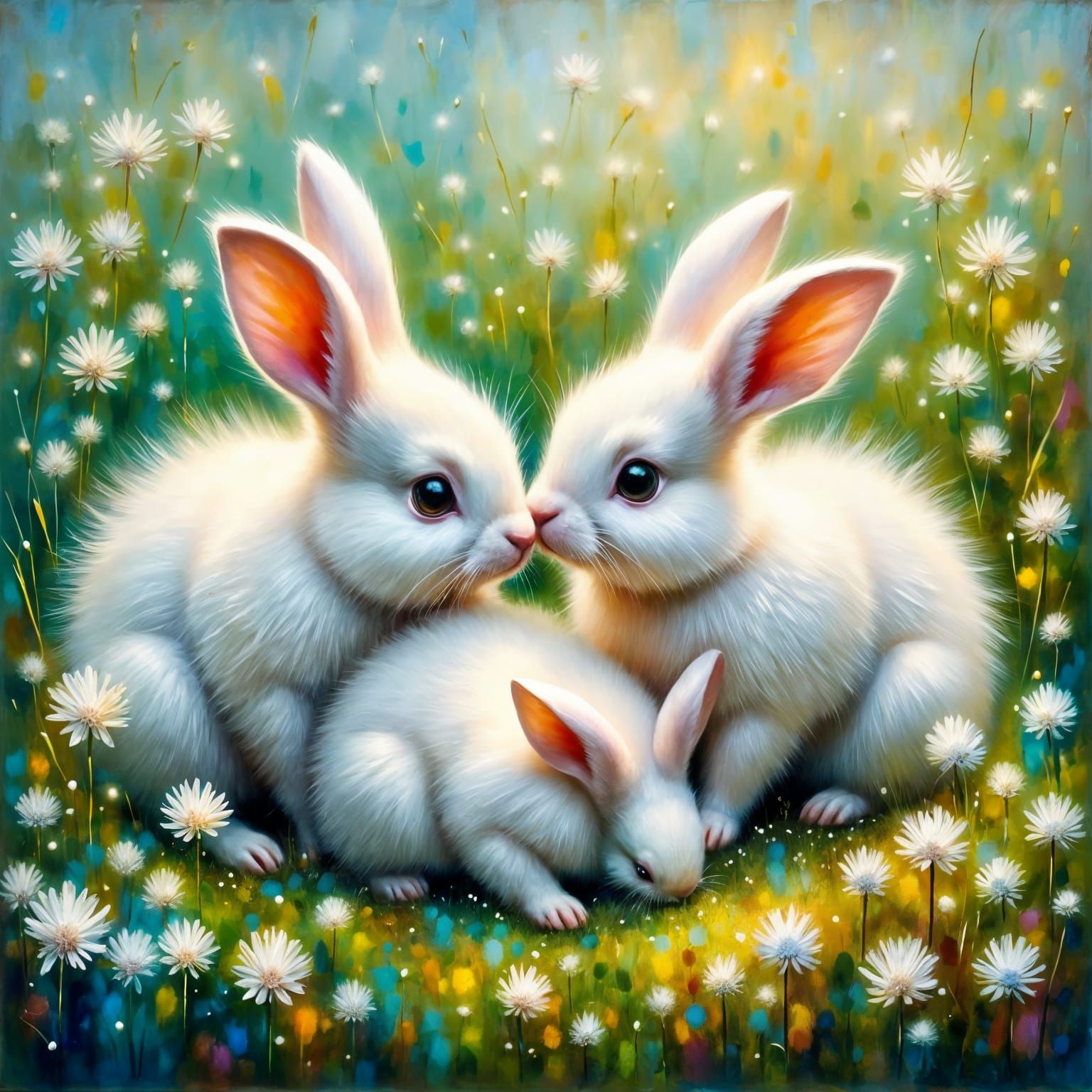 Vibrant Bunnies in a Whimsical Clover Landscape