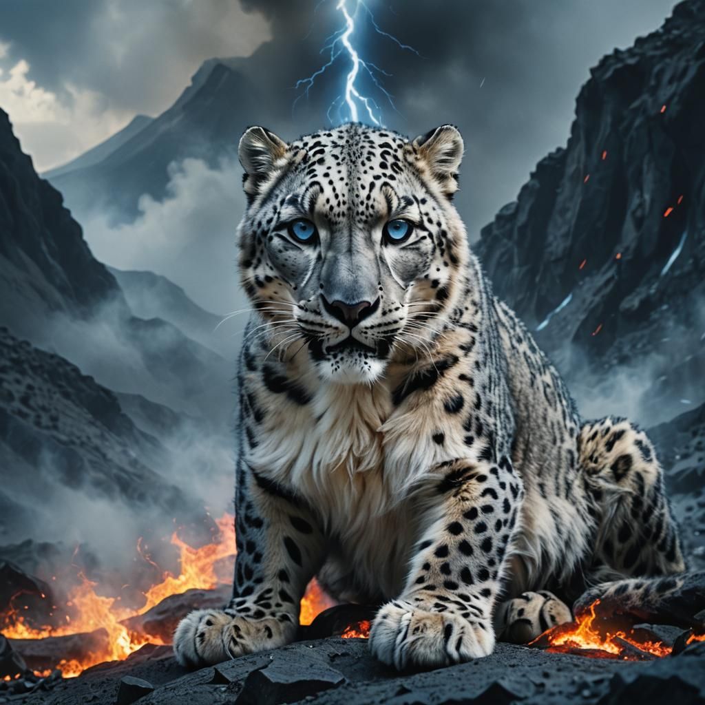 Epic Cinematic Still of Snow Leopard Amidst Blue Magma Volca...