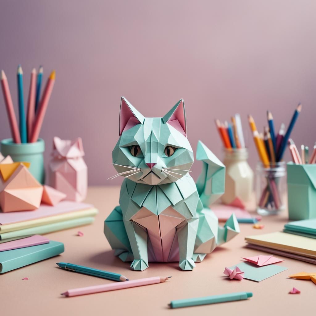 Cute Origami Cat on Desk in Pastel Colors