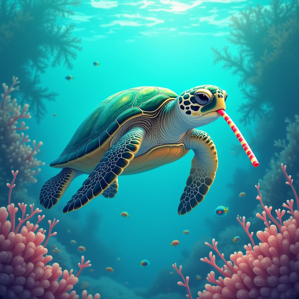 Turtle Sipping from Straw in Whimsical Turquoise Ocean