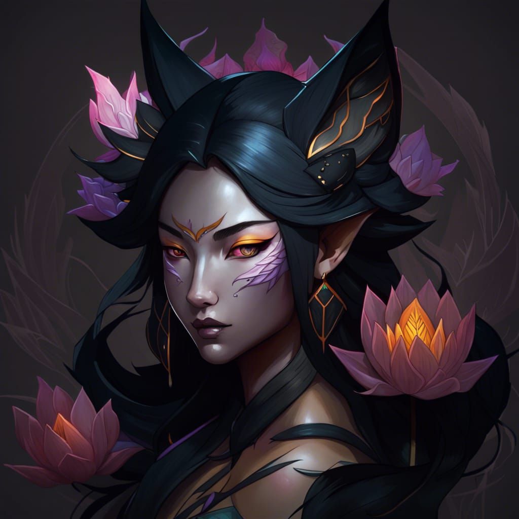 Black Lotus Kitsune Portrait in Hyperdetailed Style