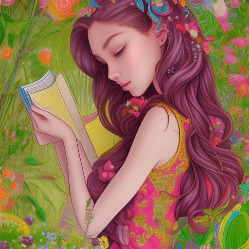 Girl Reading in a Vibrant Garden Fantasy