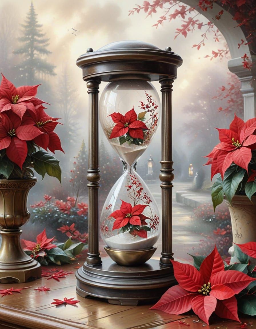 Antique Hourglass with Poinsettias in Watercolour