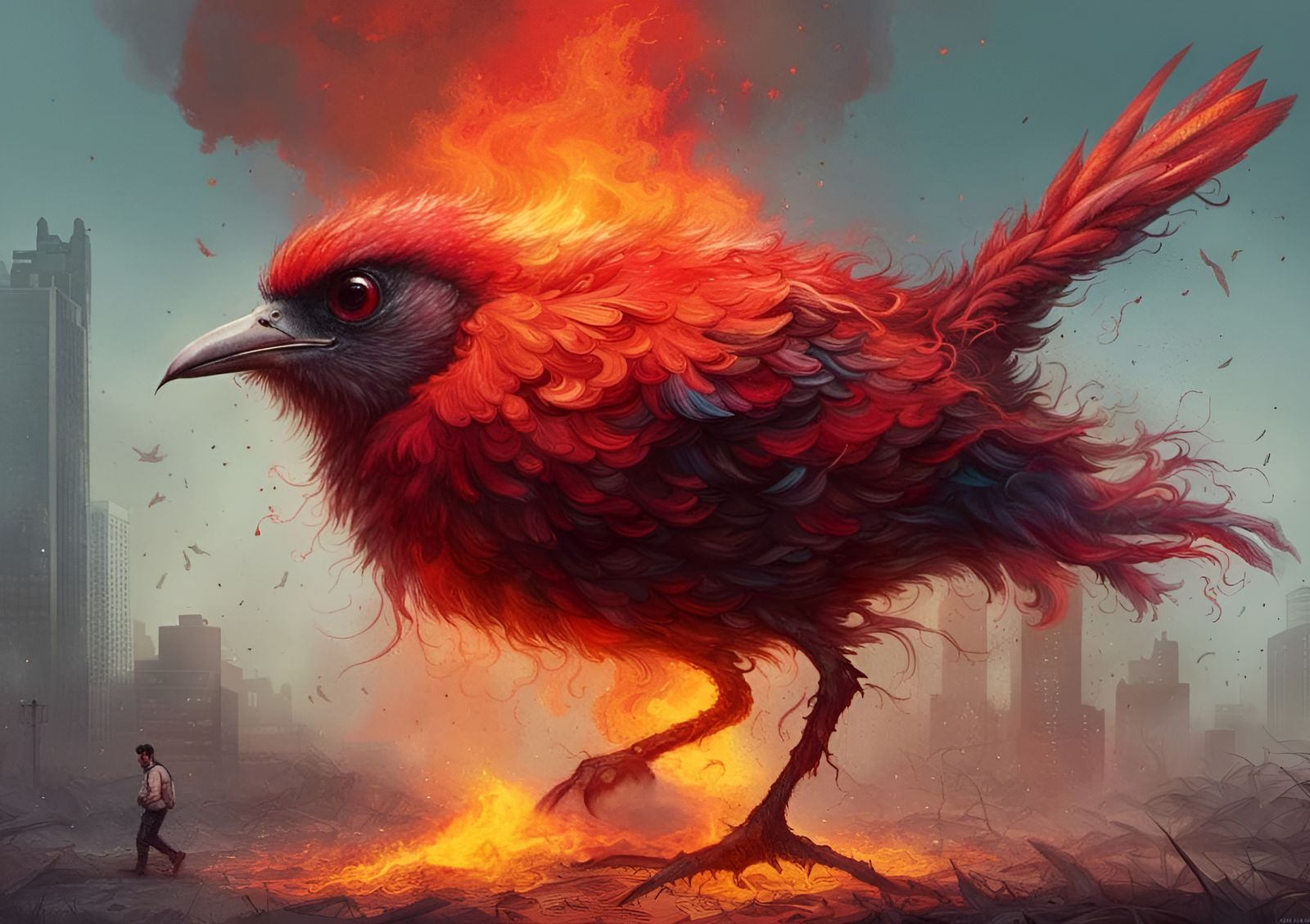 Fiery Cyberpunk Bird with Sunglasses in Flight