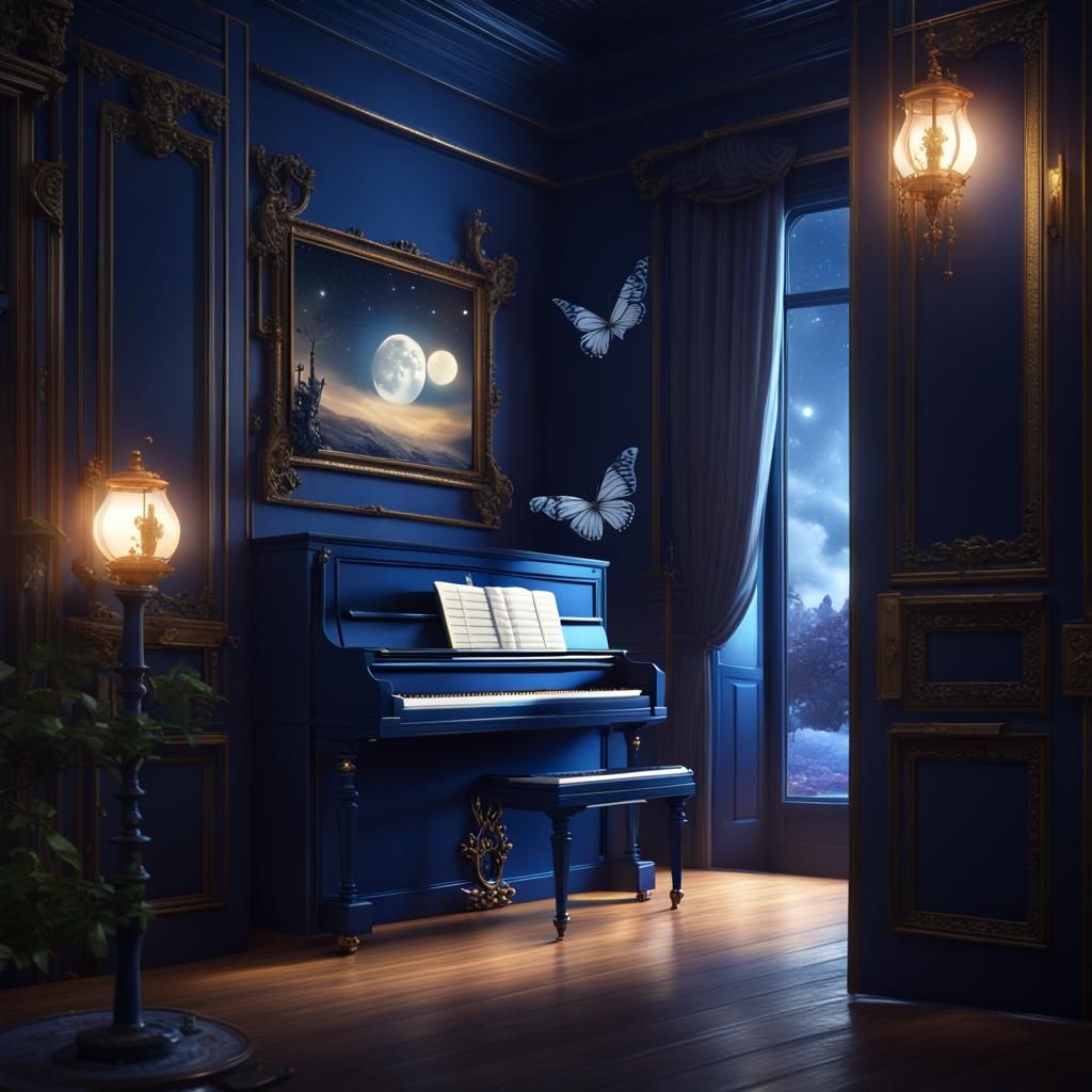 Butterfly Pianist Under Moonlight: Digital Matte Painting