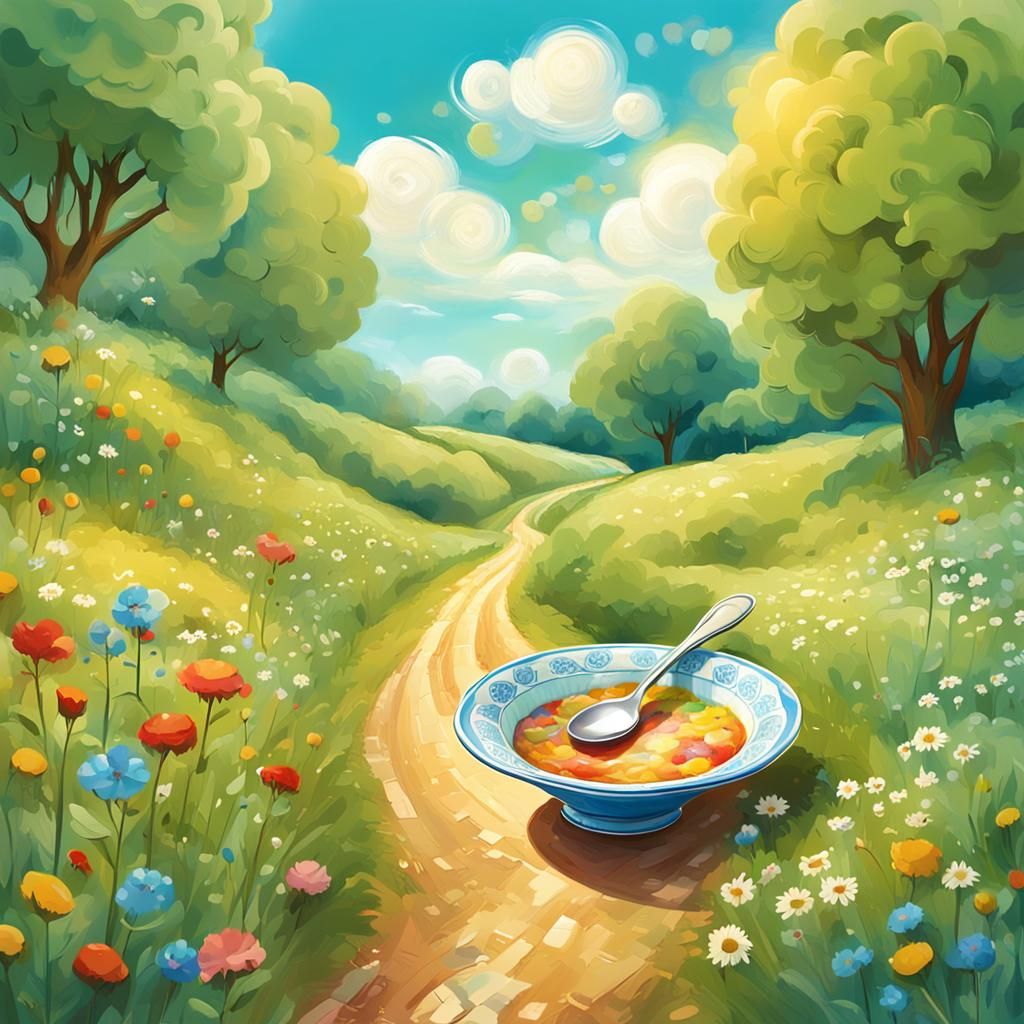 Dish and Spoon Running in a Whimsical Landscape