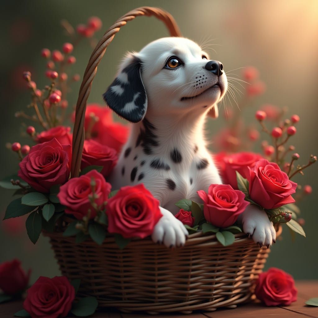 Dalmatian Puppy in Glowing Red Roses