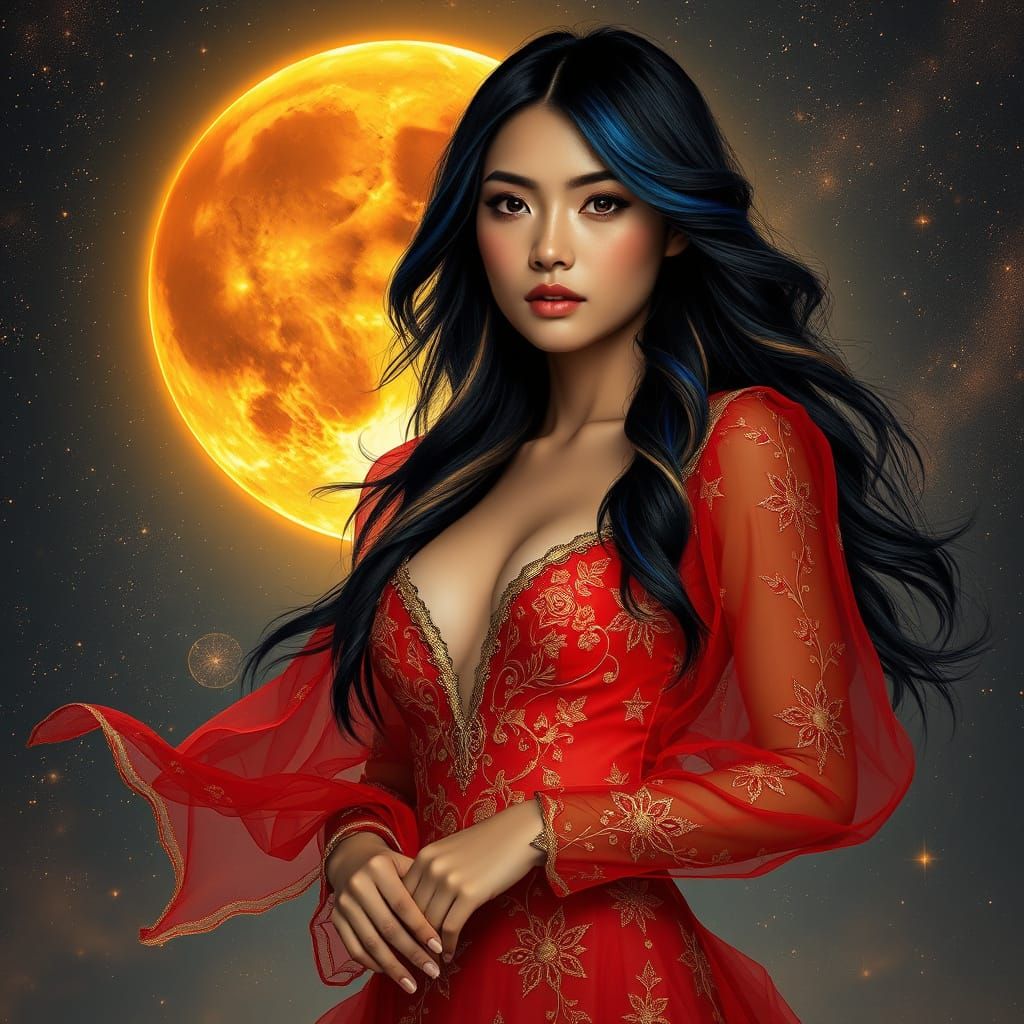 Thai Woman Under Amber Moon in Cosmic Sky