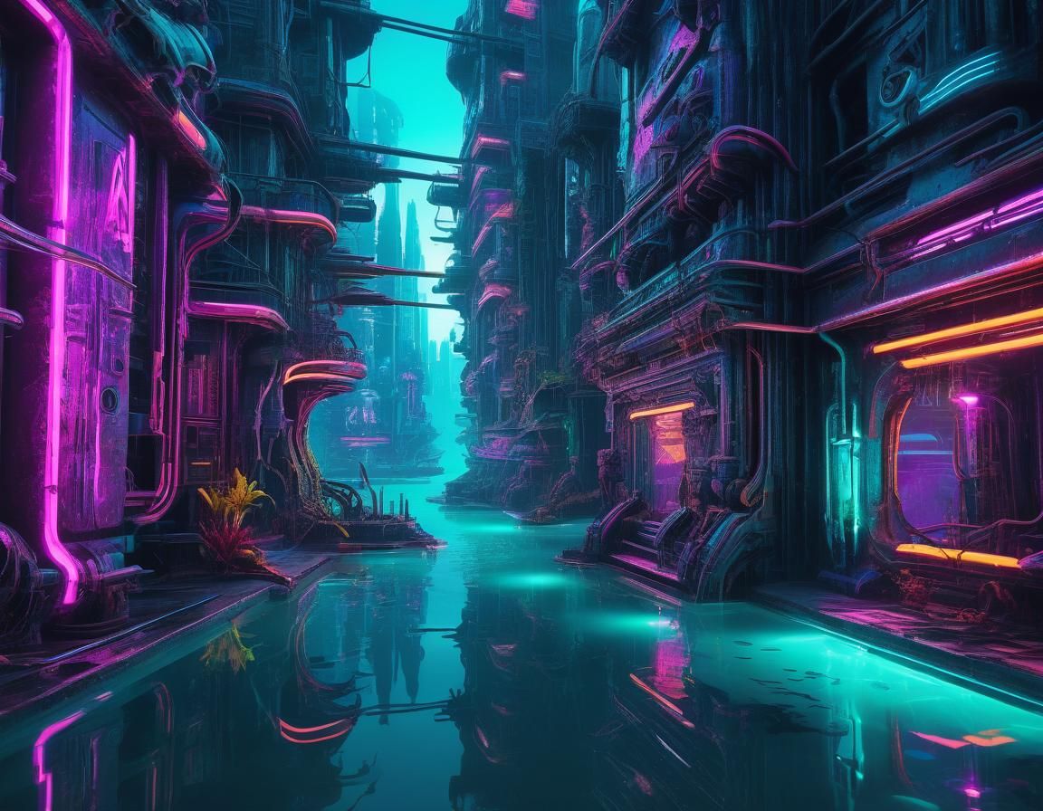 Biomechanical Atlantis: A Neon Synthpunk Cityscape