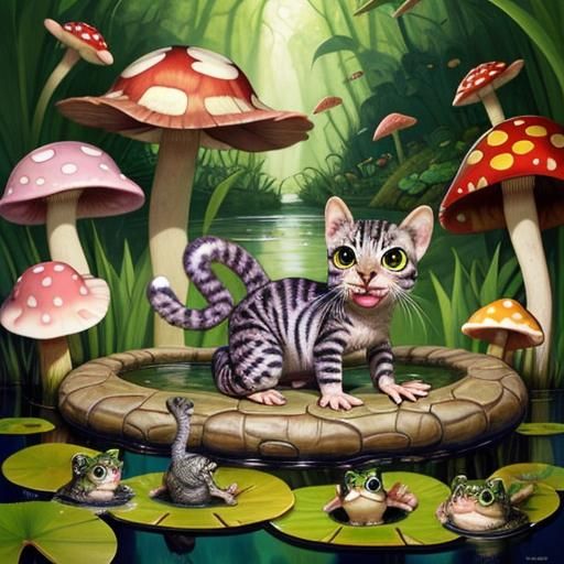 Kitten-Frog Hybrid in Snake Mouth, Surreal 3D Pixar Style