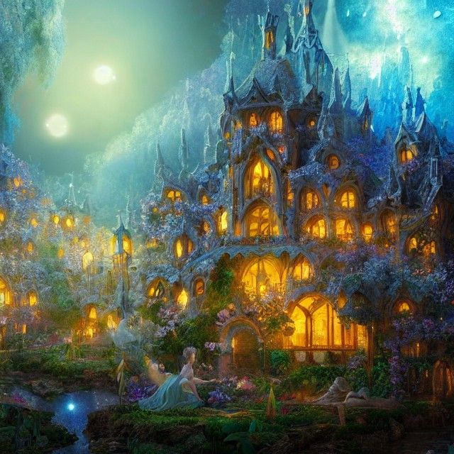 Ethereal Fairy Kingdom at Night in Hyperrealism